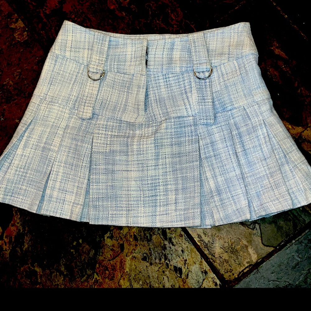 Blue TWEED plaid pleated MINI SKIRT KAITY Academia Retro A-Line Schoolgirl Strap